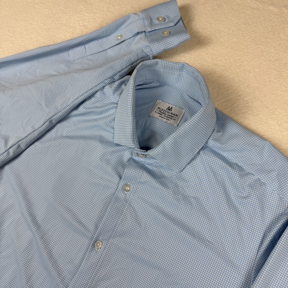 Mizzen+Main Mens XL Light Blue Gingham Performance Dress Shirt Standard Fit20031